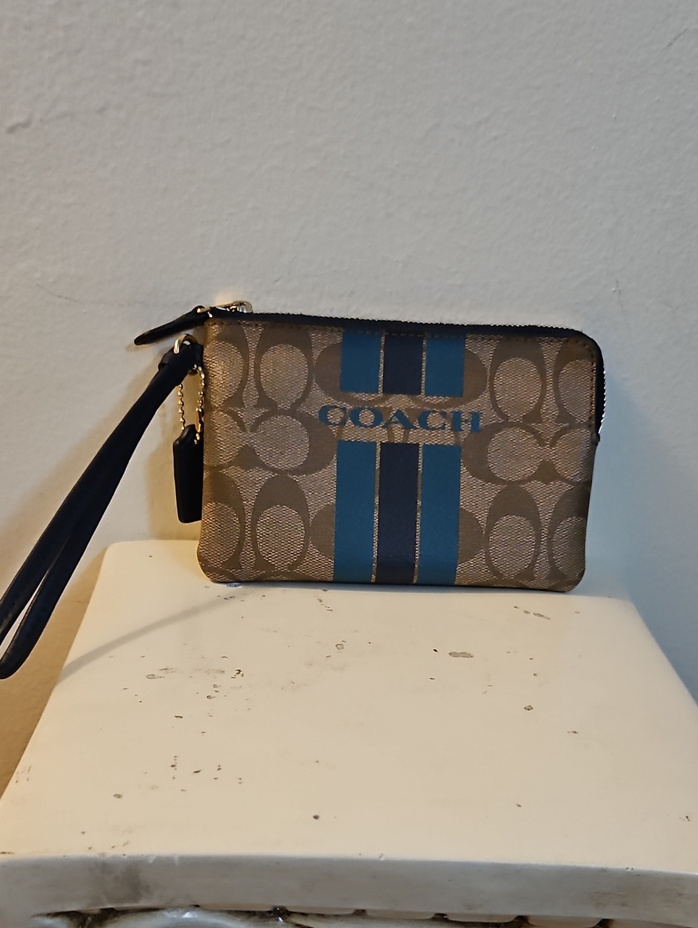 Coach Brown Signature Wristlet with Blue Stripes